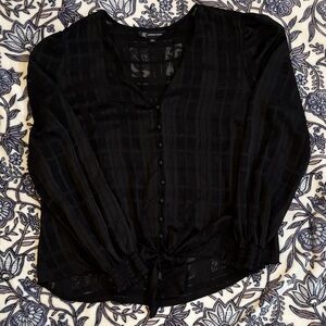 INC Black Sheer Button-Front Tie-Hem Blouse